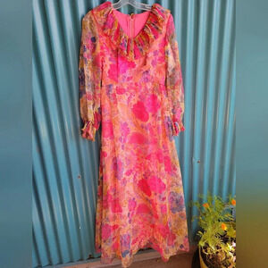 Vintage Pink Floral Chiffon Dress  Long Sleeves Long Small 70s Mrs, Roper